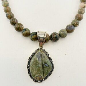 Jay King Necklace Rainforest Jasper Pendant Set Sterling Silver Beaded Green 925